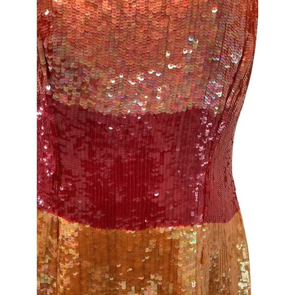 VICTOR COSTA VINTAGE ORANGE, YELLOW AND RED SEQUIN STRAPLESS DRESS 10 - Picture 3 of 10